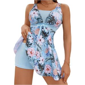 imageSOLY HUX Womens Tankini Swimsuits Tropical Print Two Piece Bathing Suit Tankini Top and Shorts SetLight Blue Floral