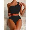 imageSOLY HUX Bathing Suit for Women One Shoulder Ruched High Waisted Bikini Sets Two Piece SwimsuitPlain Black