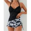 imageSOLY HUX Tankini Swimsuits for Women Ruched Swim Tops and Tropical Print Drawstring Shorts Two Piece Bathing SuitBlack Tropical