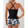 imageSOLY HUX Tankini Swimsuits for Women Ruched Swim Tops and Tropical Print Drawstring Shorts Two Piece Bathing SuitBlack Tropical