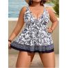 imageSOLY HUX Womens Plus Size Boho Swimsuits Floral Print V Neck Swimdress with Bottom Tankini Sets Vacation ClothesBlue and White