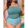 imageSOLY HUX Womens Plus Size Swimsuit Floral Print Drawstring Side Bikini Tankini Two Piece Bathing SuitBlue Ditsy Floral