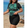 imageSOLY HUX Womens Plus Size Tankini Swimsuits Tropical Rash Guard Short Sleeve Swim Shirt with Shorts Two Piece Bathing SuitBlack Leaf
