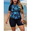 imageSOLY HUX Womens Plus Size Tankini Swimsuits Tropical Rash Guard Short Sleeve Swim Shirt with Shorts Two Piece Bathing SuitBlack Tropical