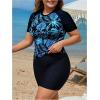 imageSOLY HUX Womens Plus Size Tankini Swimsuits Tropical Rash Guard Short Sleeve Swim Shirt with Shorts Two Piece Bathing SuitBlack Tropical