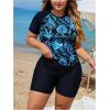 imageSOLY HUX Womens Plus Size Tankini Swimsuits Tropical Rash Guard Short Sleeve Swim Shirt with Shorts Two Piece Bathing SuitBlack Tropical