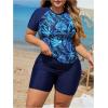 imageSOLY HUX Womens Plus Size Tankini Swimsuits Tropical Rash Guard Short Sleeve Swim Shirt with Shorts Two Piece Bathing SuitDark Blue Tropical