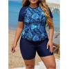 imageSOLY HUX Womens Plus Size Tankini Swimsuits Tropical Rash Guard Short Sleeve Swim Shirt with Shorts Two Piece Bathing SuitDark Blue Tropical