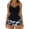 imageSOLY HUX Tankini Swimsuits for Women Ruched Swim Tops and Tropical Print Drawstring Shorts Two Piece Bathing SuitBlack Tropical