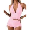 imageSOLY HUX Womens Halter Neck Tankini Set Deep V Swimsuit Beach Shorts Bathing Suit SetPink