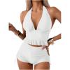 imageSOLY HUX Womens Halter Neck Tankini Set Deep V Swimsuit Beach Shorts Bathing Suit SetPlain White