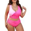 imageSOLY HUX Womens Plus Size Color Block Swimsuit V Neck Wrap Ruched High Waisted Bikini Sets Two Piece Bathing SuitsHotpink Colorblock