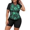 imageSOLY HUX Womens Plus Size Tankini Swimsuits Tropical Rash Guard Short Sleeve Swim Shirt with Shorts Two Piece Bathing SuitBlack Leaf