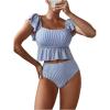 imageSOLY HUX Womens Ruffle Trim Swimsuits Striped Tankini Set High Waisted Two Piece Bathing SuitsBlue and White