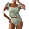 imageSOLY HUX Womens Ruffle Trim Swimsuits Striped Tankini Set High Waisted Two Piece Bathing SuitsGreen Striped