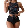 imageSOLY HUX Womens Tankini Swimsuits Leaf Print Tie Front Tops and High Waisted Swim Bottoms Two Piece Bathing SuitBlack Leaf