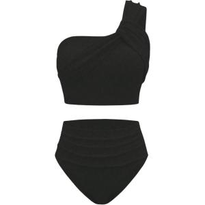 imageSOLY HUX Bathing Suit for Women One Shoulder Ruched High Waisted Bikini Sets Two Piece SwimsuitPlain Black