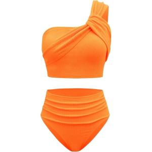 imageSOLY HUX Bathing Suit for Women One Shoulder Ruched High Waisted Bikini Sets Two Piece SwimsuitSolid Orange