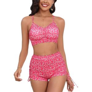 imageSOLY HUX Bikini Sets for Women Floral Print Top and Drawstring Side Shorts Bikini Bathing Suits 2 Piece SwimsuitHotpink Floral