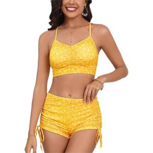imageSOLY HUX Bikini Sets for Women Floral Print Top and Drawstring Side Shorts Bikini Bathing Suits 2 Piece SwimsuitYellow Floral