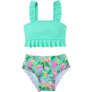 imageSOLY HUX Girls 2 Piece Swimsuit Floral Print Ruffle Trim Bikini Set Bathing SuitsGreen Tropical