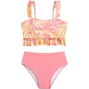 imageSOLY HUX Girls Tankini Set Ruffle Trim Sleeveless High Waisted Swimsuits 2 Piece Cute Bathing SuitsPink Multi
