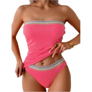 imageSOLY HUX Tankini Swimsuits for Women Chevron Print Bandeau Bikini Two Piece Bathing SuitsHotpink Chevron