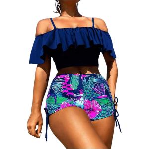 imageSOLY HUX Tankini Swimsuits for Women Cold Shoulder Ruffle Tops and Floral Print Shorts Bathing Suits Two Piece SwimsuitDark Blue Tropical