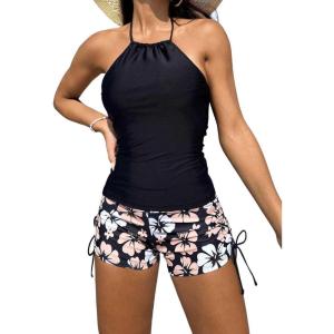 imageSOLY HUX Tankini Swimsuits for Women Floral Print Bathing Suit Drawstring Halter Tops and Shorts Two Piece SwimsuitBlack Floral