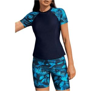 imageSOLY HUX Tankini Swimsuits for Women Tropical Print Short Sleeve Rash Guard Swim Shirt with Shorts Two Piece Bathing SuitMulticoloured Tropical