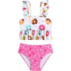 imageSOLY HUX Toddler Girls Cute Swimsuit Ruffle Hem Bikini Tankini Set Two Piece Bathing SuitsPink Donut Print