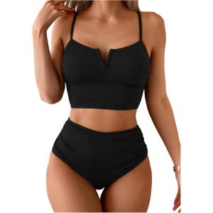 imageSOLY HUX Womens High Waisted Bathing Suit Spaghetti Strap Tankini Swimsuits Set Summer BeachwearSolid Black