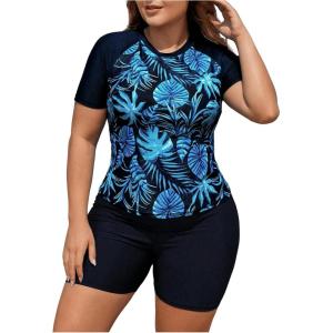 imageSOLY HUX Womens Plus Size Tankini Swimsuits Tropical Rash Guard Short Sleeve Swim Shirt with Shorts Two Piece Bathing SuitBlack Tropical