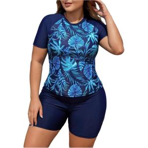 imageSOLY HUX Womens Plus Size Tankini Swimsuits Tropical Rash Guard Short Sleeve Swim Shirt with Shorts Two Piece Bathing SuitDark Blue Tropical