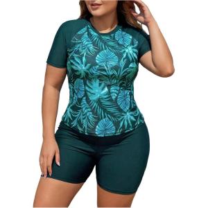 imageSOLY HUX Womens Plus Size Tankini Swimsuits Tropical Rash Guard Short Sleeve Swim Shirt with Shorts Two Piece Bathing SuitGreen Tropical