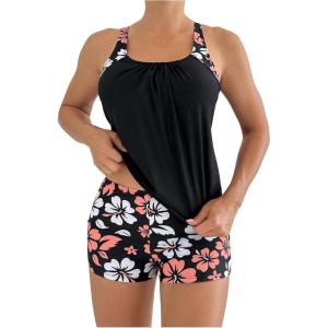 imageSOLY HUX Womens Tankini Swimsuits 2 Piece Floral Swim Tank Top with Shorts Bathing Suits Summer BeachwearBlack Floral