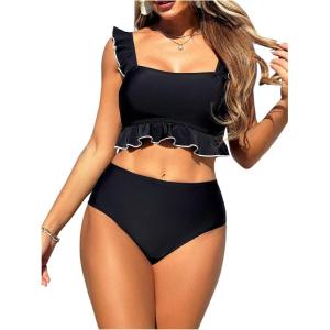 imageSOLY HUX Womens Tankini Swimsuits Ruffle Square Neck Tops and High Waisted Swim Bottoms Two Piece Bathing SuitSolid Black