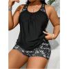 imageSOLY HUX Plus Size Tankini Swimsuits for Women Floral Print Two Piece Bathing Suit Tops and Shorts SetBlack Floral