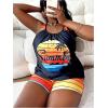 imageSOLY HUX Womens Plus Size Tankini Swimsuits Striped Tropical Print Two Piece Bathing Suit Top and Shorts SetMulticoloured Striped