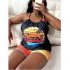 imageSOLY HUX Womens Plus Size Tankini Swimsuits Striped Tropical Print Two Piece Bathing Suit Top and Shorts SetMulticoloured Striped