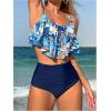 imageSOLY HUX Womens Two Piece Bathing Suit Tropical Print Flounce Ruched High Waisted Tankini SwimsuitsDark Blue Tropical