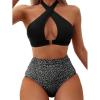 imageSOLY HUX Womens 2 Piece Swimsuit Polka Dots Print Bikini Set Criss Cross Halter High Waisted Bathing SuitsBlack Print