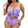 imageSOLY HUX Womens Plus Size Tie Dye Swimsuits Lace Up Ruffle Tankini Set High Waisted Bathing SuitsPurple Multi