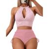 imageSOLY HUX Womens Tankini Set Striped Cut Out Tops and Drawstring Side Shorts Bikini Bathing Suits 2 Piece SwimsuitLight Pink Striped