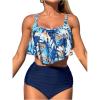 imageSOLY HUX Womens Two Piece Bathing Suit Tropical Print Flounce Ruched High Waisted Tankini SwimsuitsDark Blue Tropical