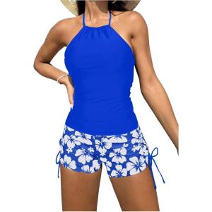 imageSOLY HUX Tankini Swimsuits for Women Halter Tops and Floral Print Shorts Bathing Suits Two Piece SwimsuitRoyal Blue Floral
