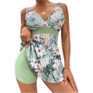 imageSOLY HUX Tankini Swimsuits for Women Tropical Print V Neck Tops and Shorts Bathing Suits Two Piece SwimsuitMint Green Floral