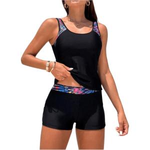 imageSOLY HUX Womens 2 Piece Bathing Suit Tribal Print Scoop Neck Tankini Top and Shorts Set SwimwearBlack Tribal