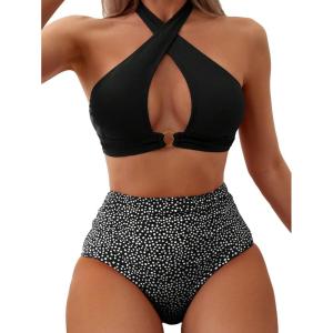 imageSOLY HUX Womens 2 Piece Swimsuit Polka Dots Print Bikini Set Criss Cross Halter High Waisted Bathing SuitsBlack Print