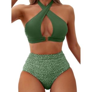 imageSOLY HUX Womens 2 Piece Swimsuit Polka Dots Print Bikini Set Criss Cross Halter High Waisted Bathing SuitsGreen Print
